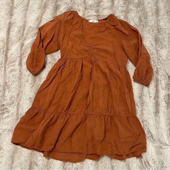 Mango Teracotta Orange V Neck Poplin Smock Dress - Picture 2 of 5